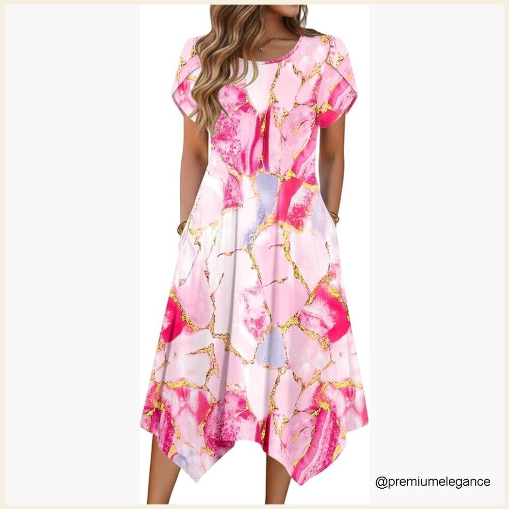 Loose Flowy Midi Sundress with Pockets Short Sleeve Casual Summer Dress
